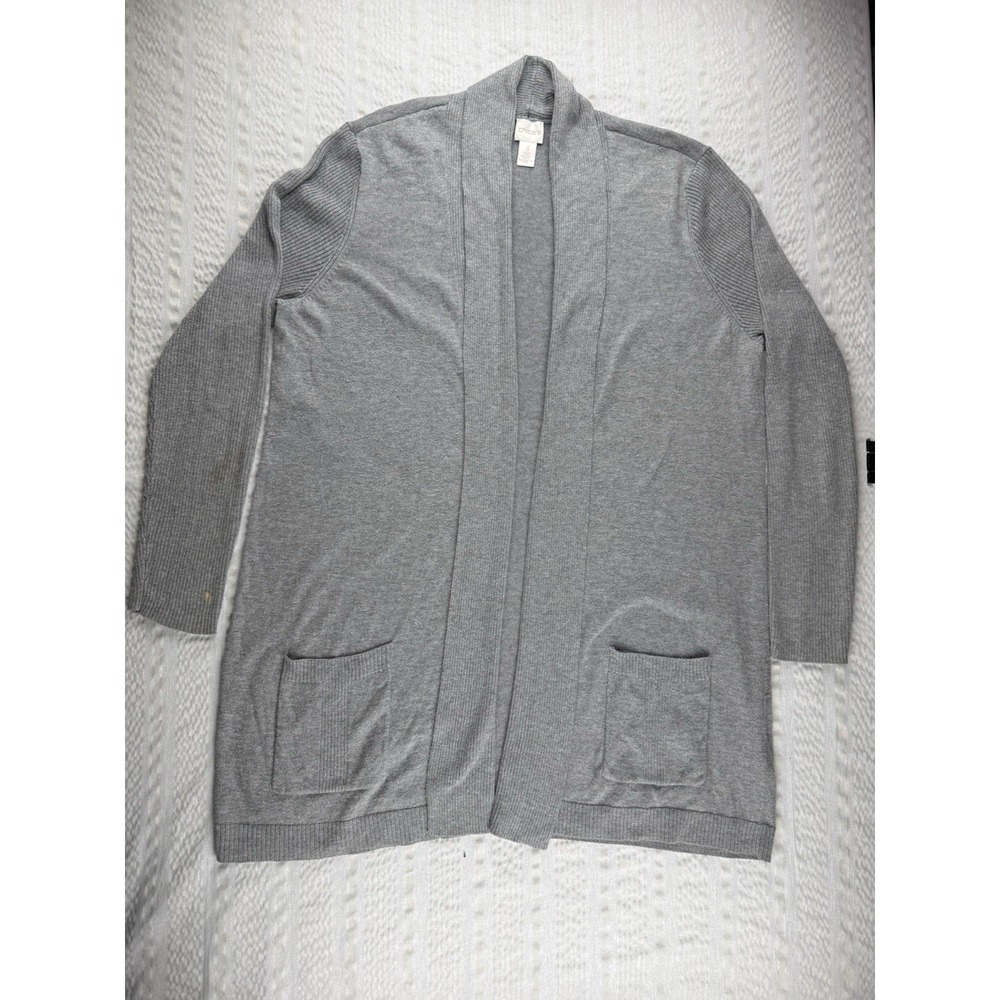 Chico's Gray Open Front Cardigan Size 3 XL Rib Sleeve Pockets Cozy